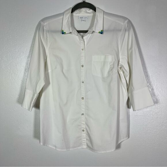 J.Jill White Shirt Collection, Native American Beading on Collar. Size Medium. - Picture 1 of 7